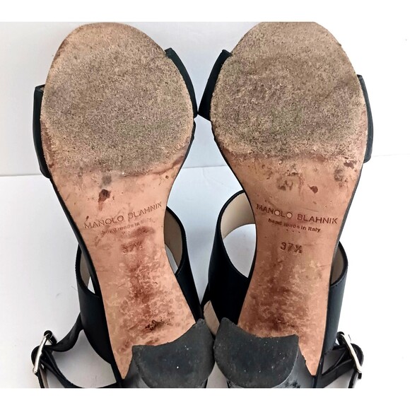 Manolo Blahnik Khan Blk Calfskin Leather Slingback Heeled Sandal EU 37.5 US 7.5 - Picture 11 of 13